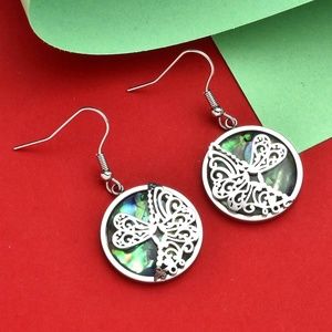 Abalone Shell Dragonfly Filigree Dangle Earrings
